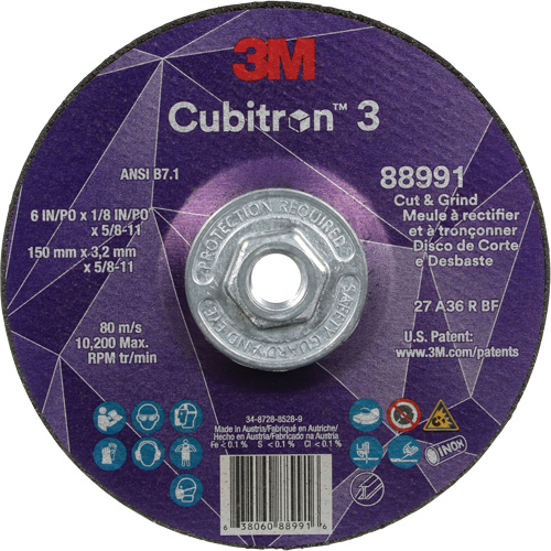 Meule &agrave; rectifier et &agrave; tronçonner Cubitron 3, 6" x 1/8", Arbre de 5/8"-11, Type 27, Grain de 36, C&eacute;ramique Duraquip Inc