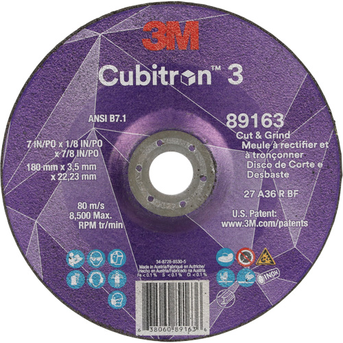 Cubitron 3 Cut and Grind Wheel, 7" x 1/8", 7/8" Arbor, Type 27, 36 Grit, Ceramic Duraquip Inc