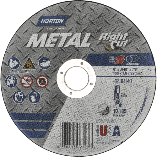 Meule &agrave; tronçonner m&eacute;tallique pour coupe &agrave; angle droit RightCut, 6" x 0,04", Arbre de 7/8", Type 01/41, Oxyde d'aluminium, 10185 Tr/min Duraquip Inc