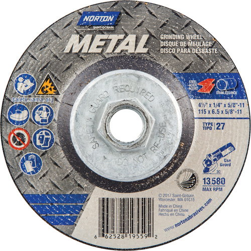 Metal Grinding Wheel, 4-1/2" x 1/4", 5/8"-11 Arbor, Aluminum Oxide, Type 27 Duraquip Inc