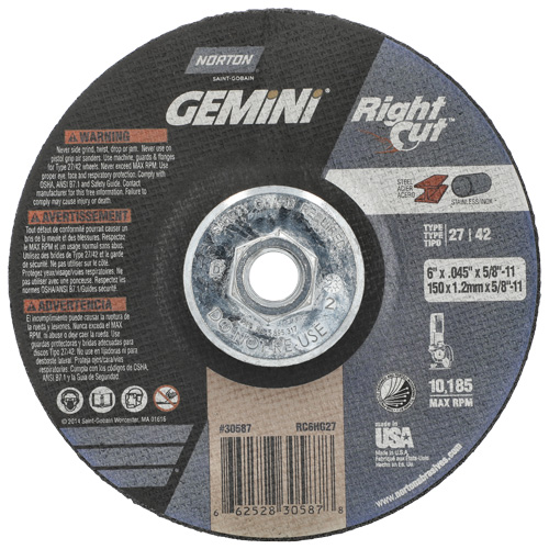 Meule &agrave; tronçonner pour coupe &agrave; angle droit RightCut Gemini, 6" x 0,045", Arbre de 5/8"-11, Type 27/42, Oxyde d'aluminium, 10185 Tr/min Duraquip Inc
