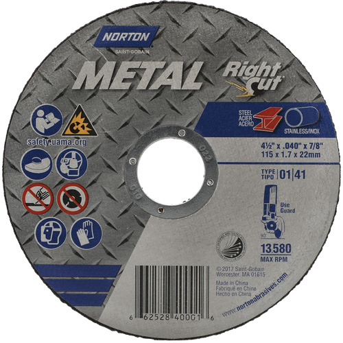Metal RightCut Right Angle Cut-Off Wheel, 4-1/2" x 0.045", 7/8" Arbor, Type 01/41, Aluminum Oxide, 13580 RPM Duraquip Inc