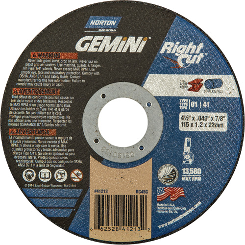 Gemini RightCut Right Angle Cut-Off Wheel, 4-1/2" x 0.045", 7/8" Arbor, Type 01/41, Aluminum Oxide, 13580 RPM Duraquip Inc