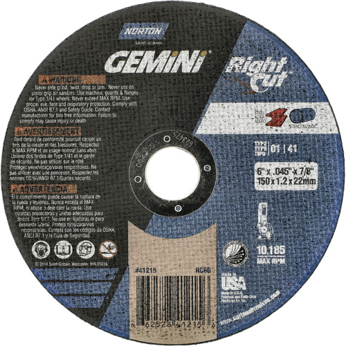 Meule &agrave; tronçonner pour coupe &agrave; angle droit RightCut Gemini, 6" x 0,045", Arbre de 7/8", Type 01/41, Oxyde d'aluminium, 10185 Tr/min Duraquip Inc