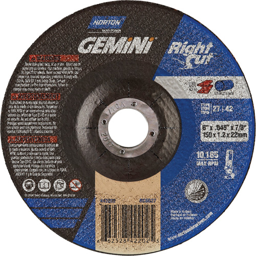 Meule &agrave; tronçonner pour coupe &agrave; angle droit RightCut Gemini, 6" x 0,045", Arbre de 7/8", Type 27/42, Oxyde d'aluminium, 10185 Tr/min Duraquip Inc