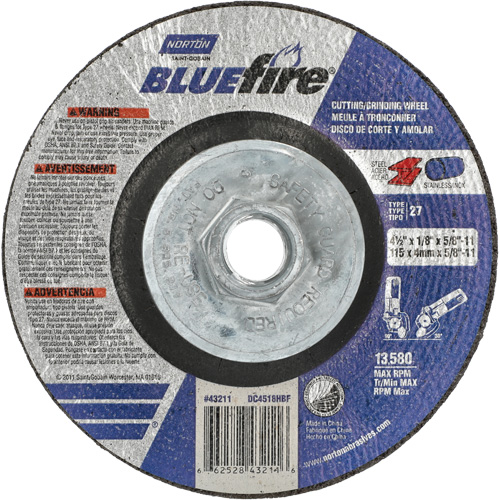 Disque de meulage et tronçonnage BlueFire, 4-1/2" x 1/8", Arbre de 5/8"-11, Type 27, Alumine de zirconium Duraquip Inc