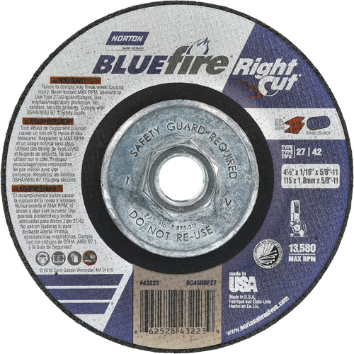 BlueFire RightCut Right Angle Cut-Off Wheel, 4-1/2" x 1/16", 5/8"-11 Arbor, Type 27/42, Aluminum Oxide, 13580 RPM Duraquip Inc