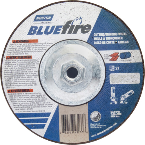 Disque de meulage et tronçonnage BlueFire, 7" x 1/8", Arbre de 5/8"-11, Type 27, Alumine de zirconium Duraquip Inc