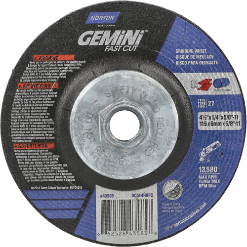 Meule Gemini, 4-1/2" x 1/4", Arbre 5/8"-11, Oxyde d'aluminium, Type 27 Duraquip Inc