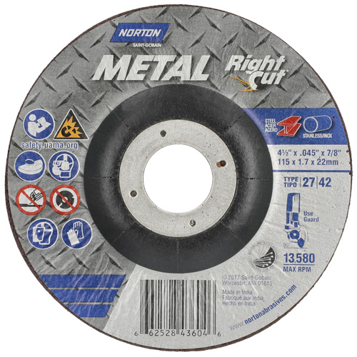 Meule &agrave; tronçonner m&eacute;tallique pour coupe &agrave; angle droit RightCut, 4-1/2" x 0,045", Arbre de 7/8", Type 27, Oxyde d'aluminium, 13580 Tr/min Duraquip Inc