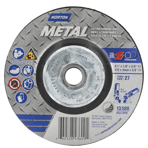 Disque de meulage et tronçonnage m&eacute;tallique, 4-1/2" x 1/8", Arbre de 5/8"-11, Type 27, Oxyde d'aluminium Duraquip Inc