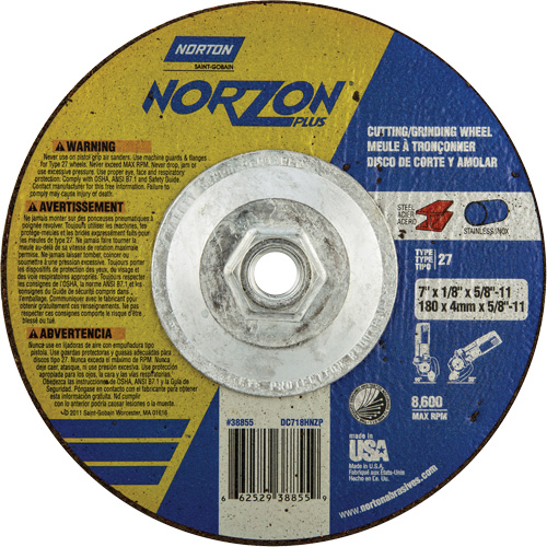 Disque de meulage et tronçonnage NorZon Plus SGZ, 7" x 1/8", Arbre de 5/8"-11, Type 27, C&eacute;ramique d'alumine Duraquip Inc