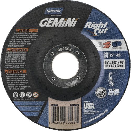 Gemini RightCut Right Angle Cut-Off Wheel, 4-1/2" x 0.045", 7/8" Arbor, Type 27/42, Aluminum Oxide, 13580 RPM Duraquip Inc