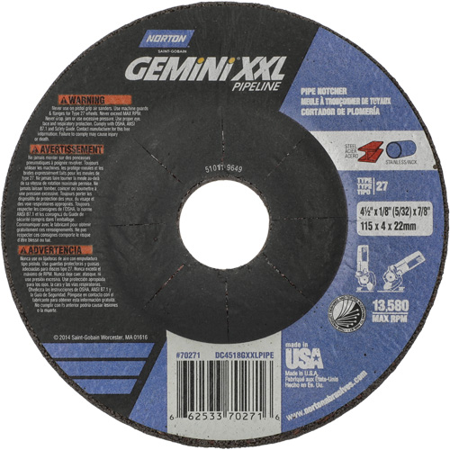 Disque combin&eacute; de meulage et tronçonnage Gemini XXL, 4-1/2" x 1/8", Arbre de 7/8", Type 27, Oxyde d'aluminium Duraquip Inc