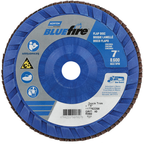 BlueFire Quick Trim Flap Disc, 7" x 7/8", Type 27, 40 Grit, Zirconia Alumina Duraquip Inc