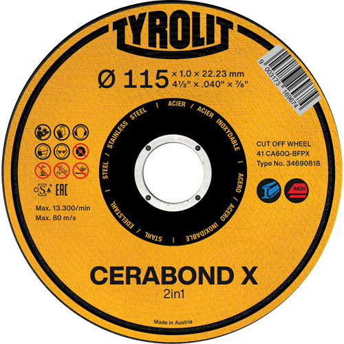 CA60Q-BFPX CERABOND X Cut-Off Wheel, 4-1/2" x 0.039", 7/8" Arbor, Type 1 Duraquip Inc