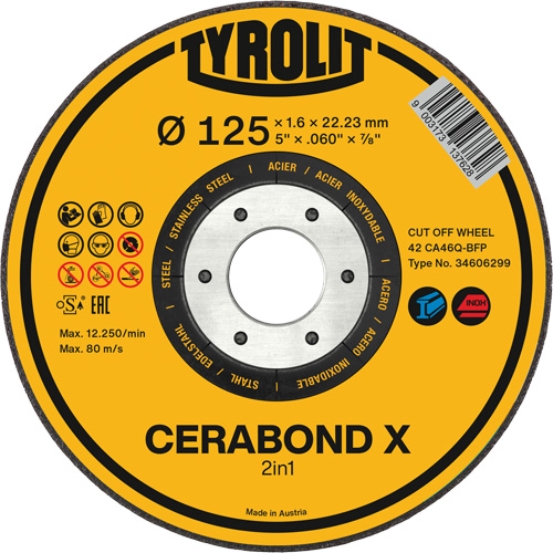CERABOND X Cut-Off Wheel for Steel & Stainless Steel, 5" x 0.6", 7/8" Arbor, Type 27, Ceramic, 12250 RPM Duraquip Inc