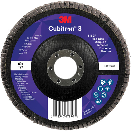Disque &agrave; lamelles plate 1169F Cubitron 3, 5" x 7/8", Type T27, Grain 60+, C&eacute;ramique Duraquip Inc
