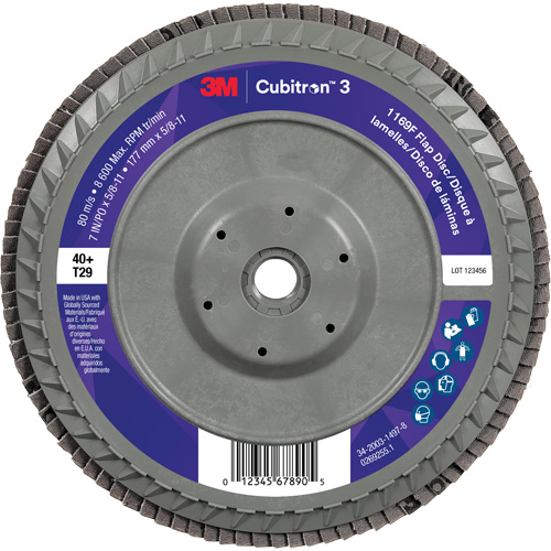 Cubitron 3 Conical  Flap Disc with Quick Change 1169F, 7" x 5/8"-11, Type T29, 40+ Grit, Ceramic Duraquip Inc