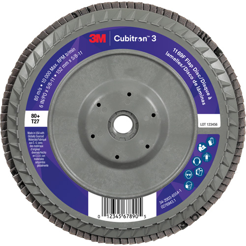 Disque &agrave; lamelles plate 1169F Cubitron 3 &agrave; changement rapide, 6" x 5/8"-11, Type T27, Grain 80+, C&eacute;ramique Duraquip Inc