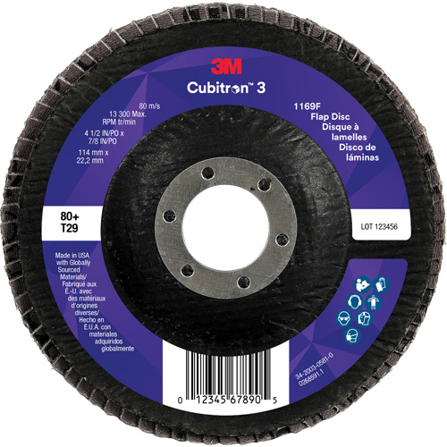 Cubitron 3 Conical  Flap Disc 1169F, 4-1/2" x 7/8", Type T29, 80+ Grit, Ceramic Duraquip Inc