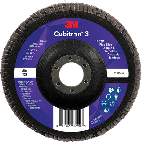Disque &agrave; lamelles plate 1169F Cubitron 3, 5" x 7/8", Type T27, Grain 80+, C&eacute;ramique Duraquip Inc