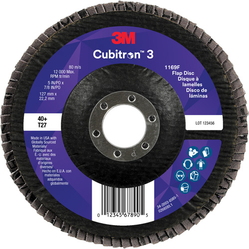 Disque &agrave; lamelles plate 1169F Cubitron 3, 5" x 7/8", Type T27, Grain 40+, C&eacute;ramique Duraquip Inc