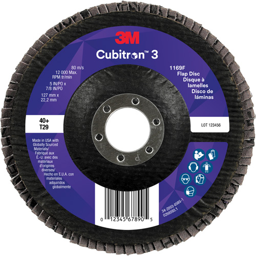 Cubitron 3 Conical  Flap Disc 1169F, 5" x 7/8", Type T29, 40+ Grit, Ceramic Duraquip Inc