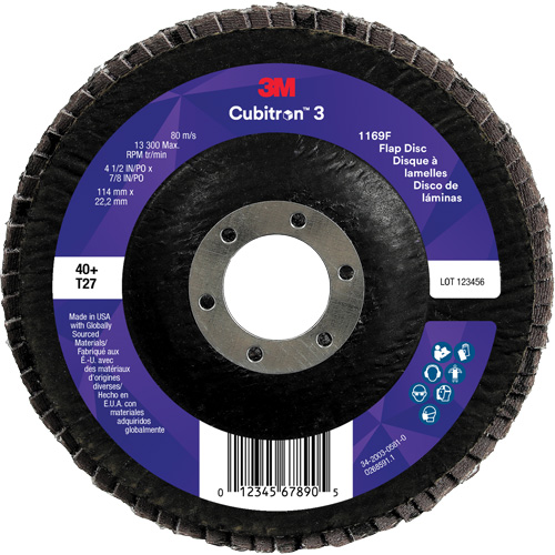 Cubitron 3 Flat Flap Disc 1169F, 4-1/2" x 7/8", Type T27, 40+ Grit, Ceramic Duraquip Inc