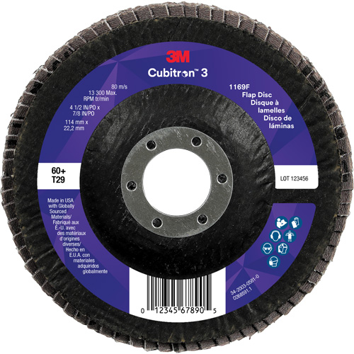 Cubitron 3 Conical  Flap Disc 1169F, 4-1/2" x 7/8", Type T29, 60+ Grit, Ceramic Duraquip Inc