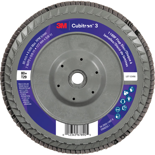 Disque &agrave; lamelles plate 1169F Cubitron 3, 7" x 5/8"-11, Type T29, Grain 80+, C&eacute;ramique Duraquip Inc