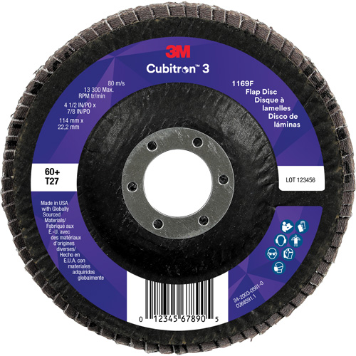 Cubitron 3 Flat Flap Disc 1169F, 4-1/2" x 7/8", Type T27, 60+ Grit, Ceramic Duraquip Inc