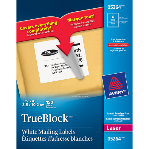 TrueBlock Laser Shipping Labels, 3-1/3" W x 4" L, White Duraquip Inc