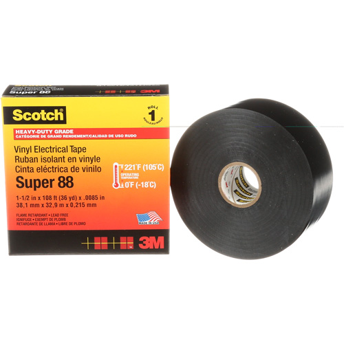 Scotch&reg; Vinyl Electrical Tape Super 88, 38 mm (1-1/2") x 33 m (108'), Black, 8.5 mils Duraquip Inc