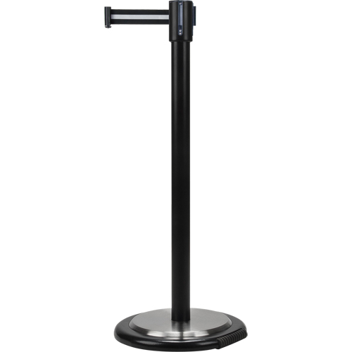 Barri&egrave;res sur pieds pour le contr&ocirc;le des foules, Acier, 35" h, Ruban Noir/Blanc, Longueur du ruban 7' Duraquip Inc