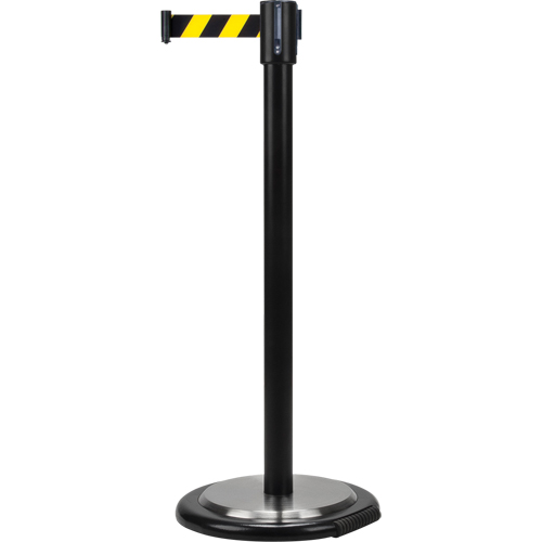 Barri&egrave;res sur pieds pour le contr&ocirc;le des foules, Acier, 35" h, Ruban Noir/Jaune, Longueur du ruban 7' Duraquip Inc