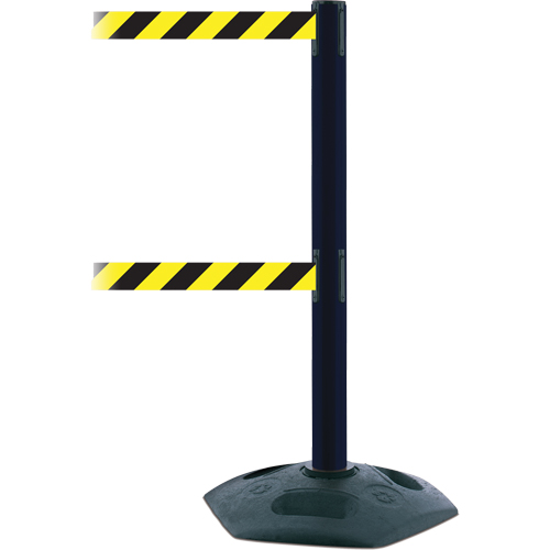 Poteau robuste &agrave; ligne double, Plastique, 38" h, Ruban Noir/Jaune, Longueur du ruban 7,5' Duraquip Inc