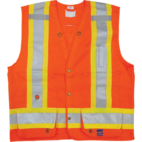 Veste de s&eacute;curit&eacute; pour arpenteur, Orange haute visibilit&eacute;, Petit, Polyester Duraquip Inc