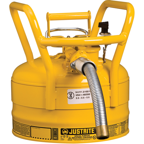 D.O.T. AccuFlow Safety Cans, Type II, Steel, 2.5 US gal., Yellow, FM Approved Duraquip Inc