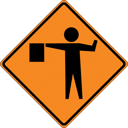 Tilt-Adjust Flagman Ahead Roll-Up Construction Sign, 36" x 36", Vinyl, Pictogram Duraquip Inc