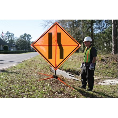 Tilt-Adjust Merge Left Roll-Up Construction Sign, 36" x 36", Vinyl, Pictogram Duraquip Inc