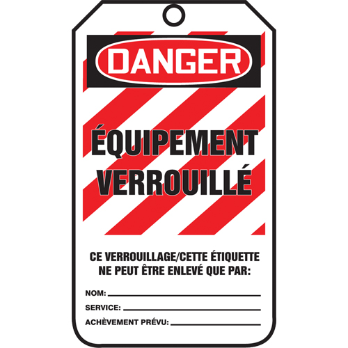&eacute;tiquettes de verrouillage, Papier cartonn&eacute;, 3-3/8" la x 5-7/8" h, Français Duraquip Inc