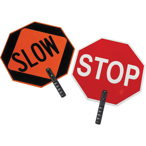 Double-Sided "Stop/Slow" Traffic Control Sign, 18" x 18", Plastic, English with Pictogram Duraquip Inc