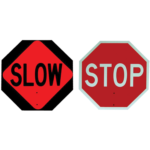Double-Sided "Stop/Slow" Traffic Control Sign, 18" x 18", Plastic, English with Pictogram Duraquip Inc