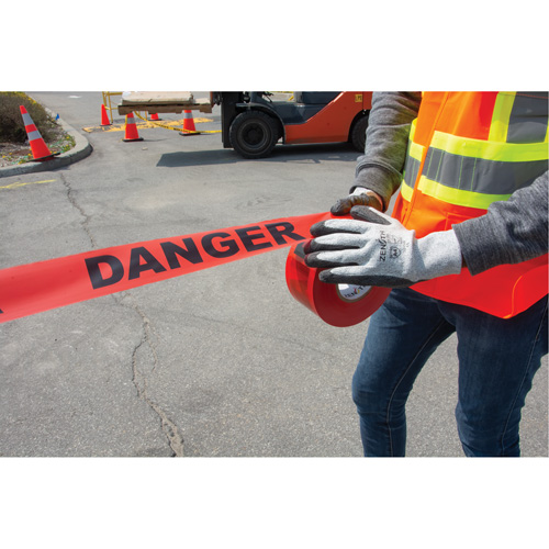 "Danger" Barricade Tape, Bilingual, 3" W x 1000' L, 1.5 mils, Black on Red Duraquip Inc