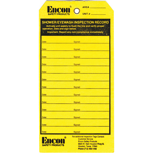 Emergency Shower & Eyewash Inspection Record Tag, Cardstock, 3-1/8" W x 6-1/4" H, English Duraquip Inc