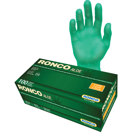 Gants jetables avec alo&egrave;s, T-Grand, Vinyle, 5 mils, Sans poudre, Vert Duraquip Inc