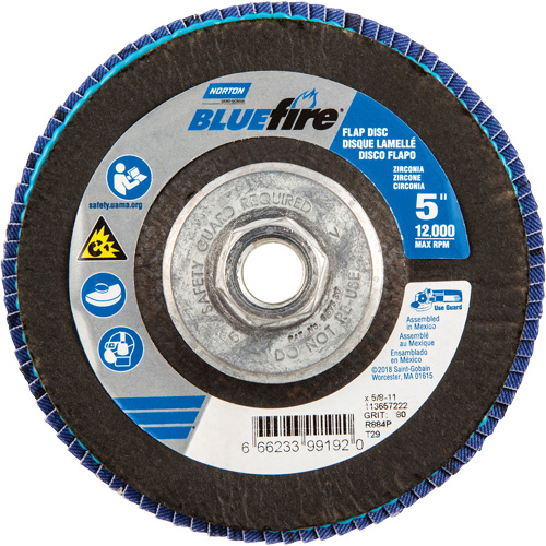 BlueFire&reg; Flap Disc, 5" x 5/8"-11, Type 29, 80 Grit, Zirconia Alumina Duraquip Inc