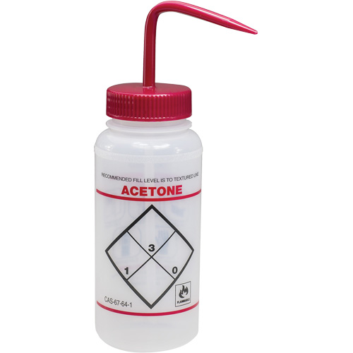 Bouteille de rinsage &agrave; grande ouverture avec &eacute;tiquette de s&eacute;curit&eacute; "Acetone", 16 oz Duraquip Inc