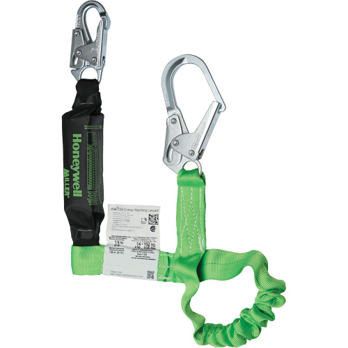 Miller&reg; StretchStop&reg; Shock-Absorbing Lanyard, 6', Locking Rebar Hook Center, Locking Snap Hook Leg Ends, Polyester Duraquip Inc